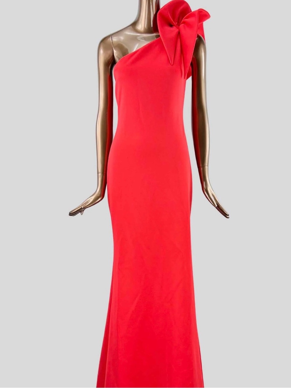 Aqua One-Shoulder Red Gown with Dramatic Shoulder Bow